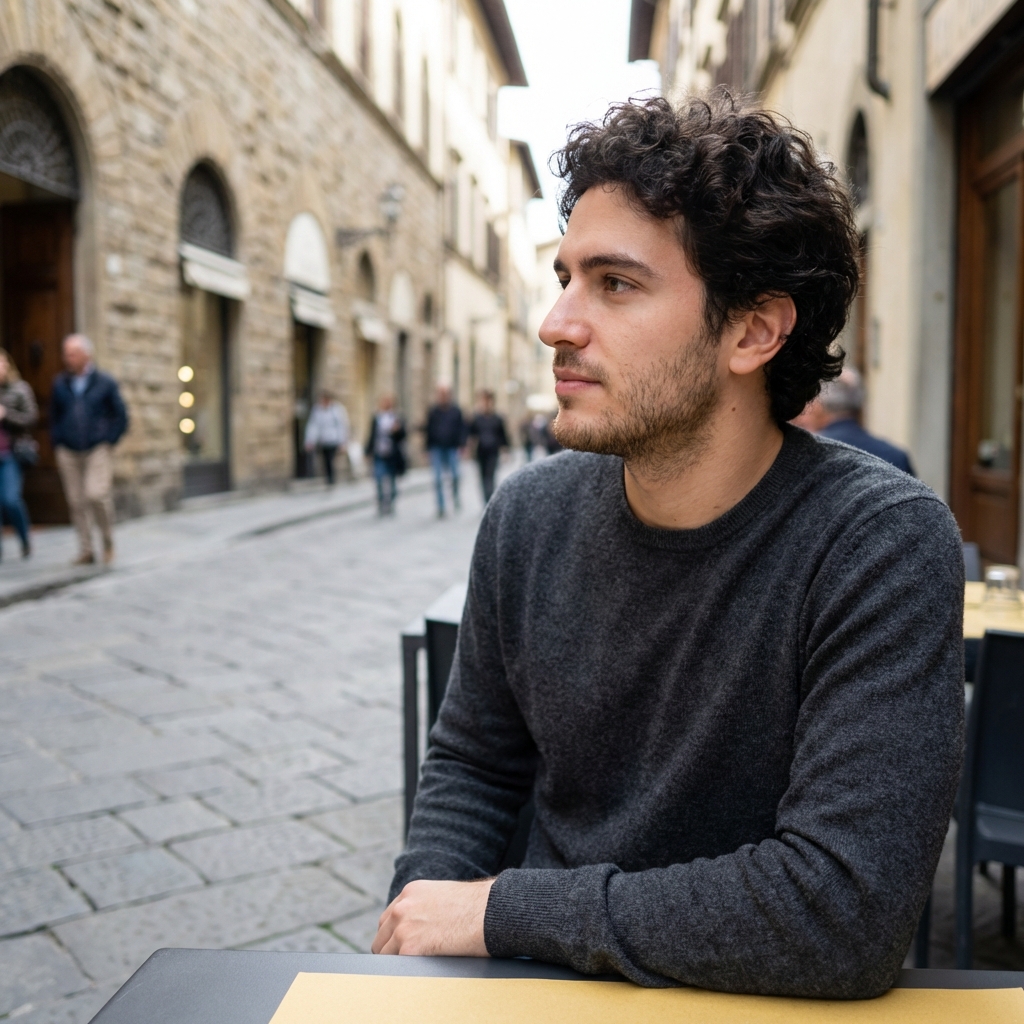 young European male wearing pashmina sweater